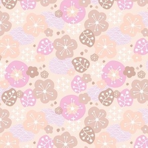 Japanese flowers and waves mountain summer design pink peach sand
