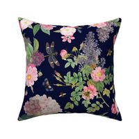 18" Hand Drawn Vintage Rose Summer Meadow   dark blue single layer