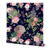 14" Hand Drawn Vintage Rose Summer Meadow   dark blue single layer