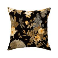 18" Hand Drawn Vintage Rose Summer Meadow   gold black  single layer