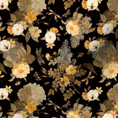 6" Hand Drawn Vintage Rose Summer Meadow   gold black  single layer