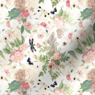 6" Hand Drawn Vintage Rose Summer Meadow   white double layer