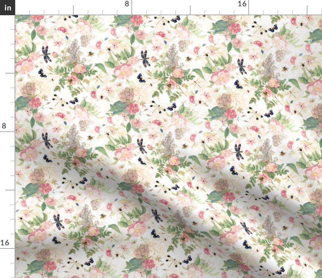 6" Hand Drawn Vintage Rose Summer Meadow   white double layer