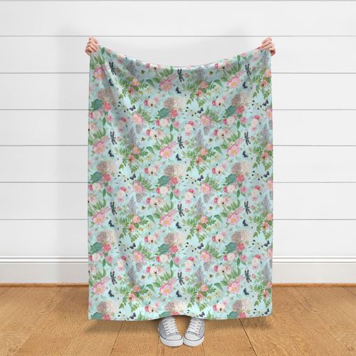 18" Hand Drawn Vintage Rose Summer Meadow   turquoise  double layer