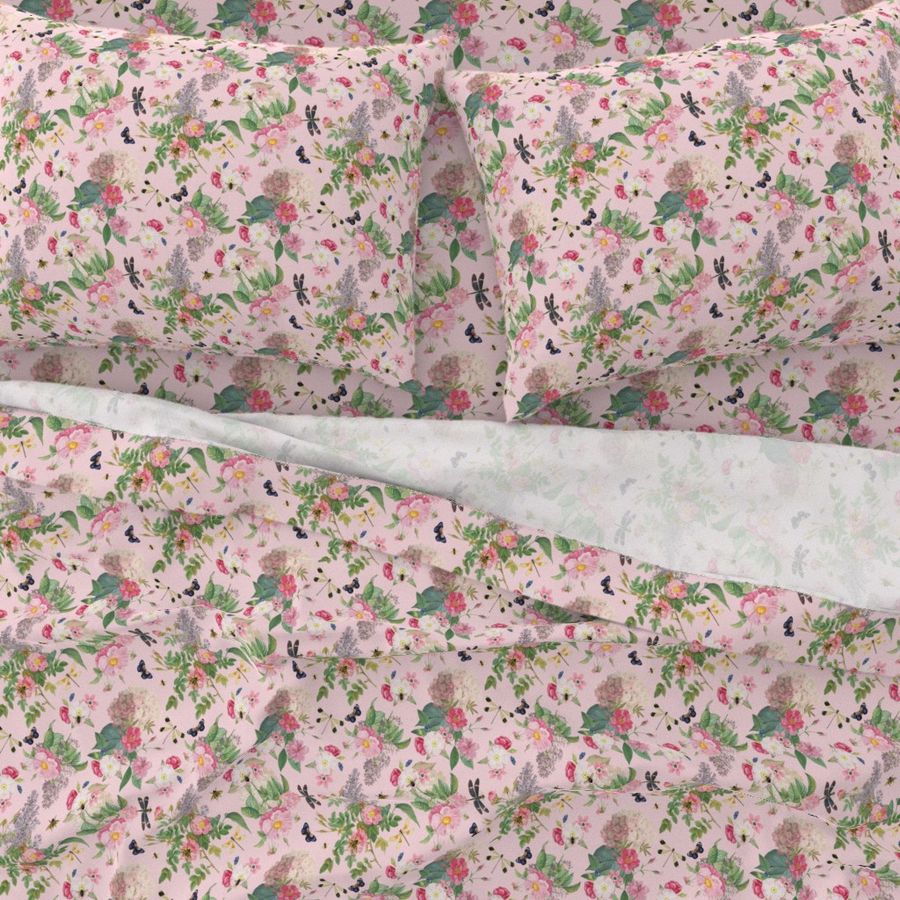 9" Hand Drawn Vintage Rose Summer Meadow   pink single layer