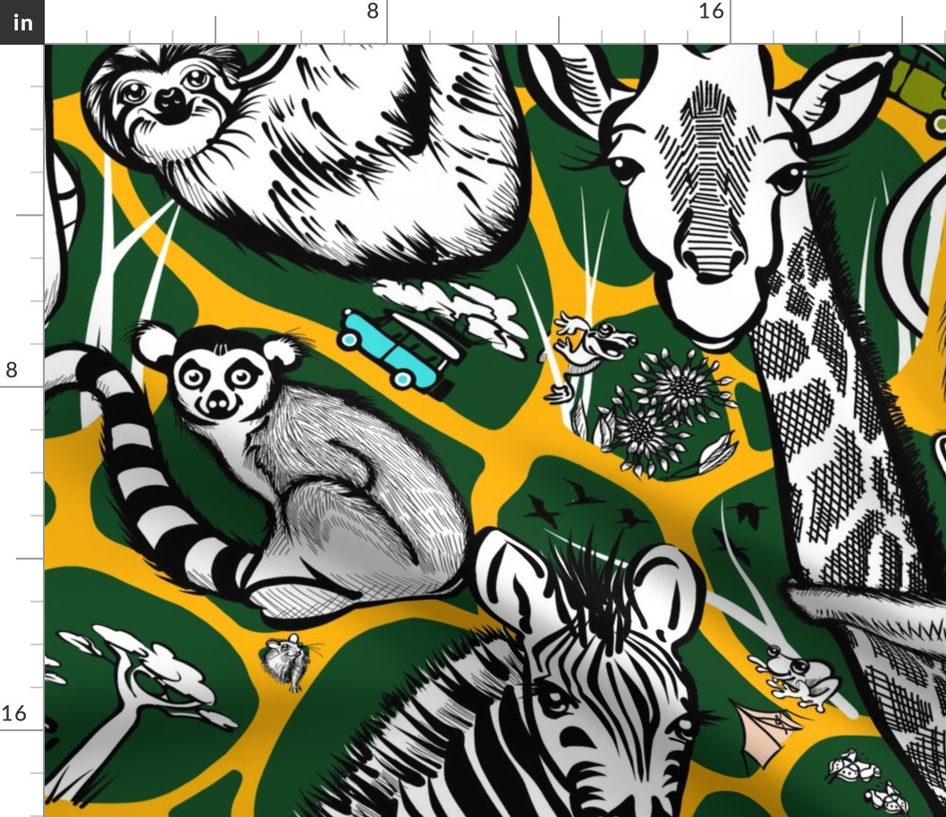 Line Art Safari Adventure Wallpaper | Dark Green + Deep Yellow