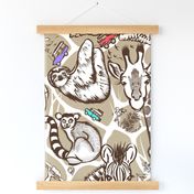 Line Art Safari Wallpaper Large | Dk Brown+Tan+White