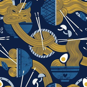 Small scale // Noodles connection // midnight blue background light classic blue bowls yellow pasta