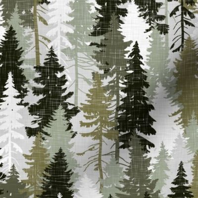 Medium Scale / Pine Tree Camouflage / Olive Khaki Grey White Linen Texture Camo Woodland Fabric Wallpaper