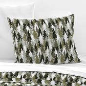 Medium Scale / Pine Tree Camouflage / Olive Khaki Grey White Linen Texture Camo Woodland Fabric Wallpaper