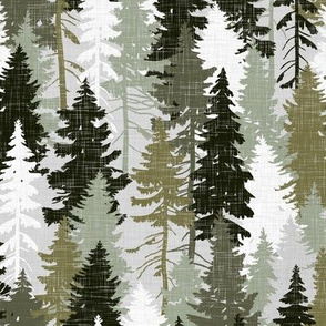 Medium Scale / Pine Tree Camouflage / Olive Khaki Grey White Linen Texture Camo Woodland Fabric Wallpaper