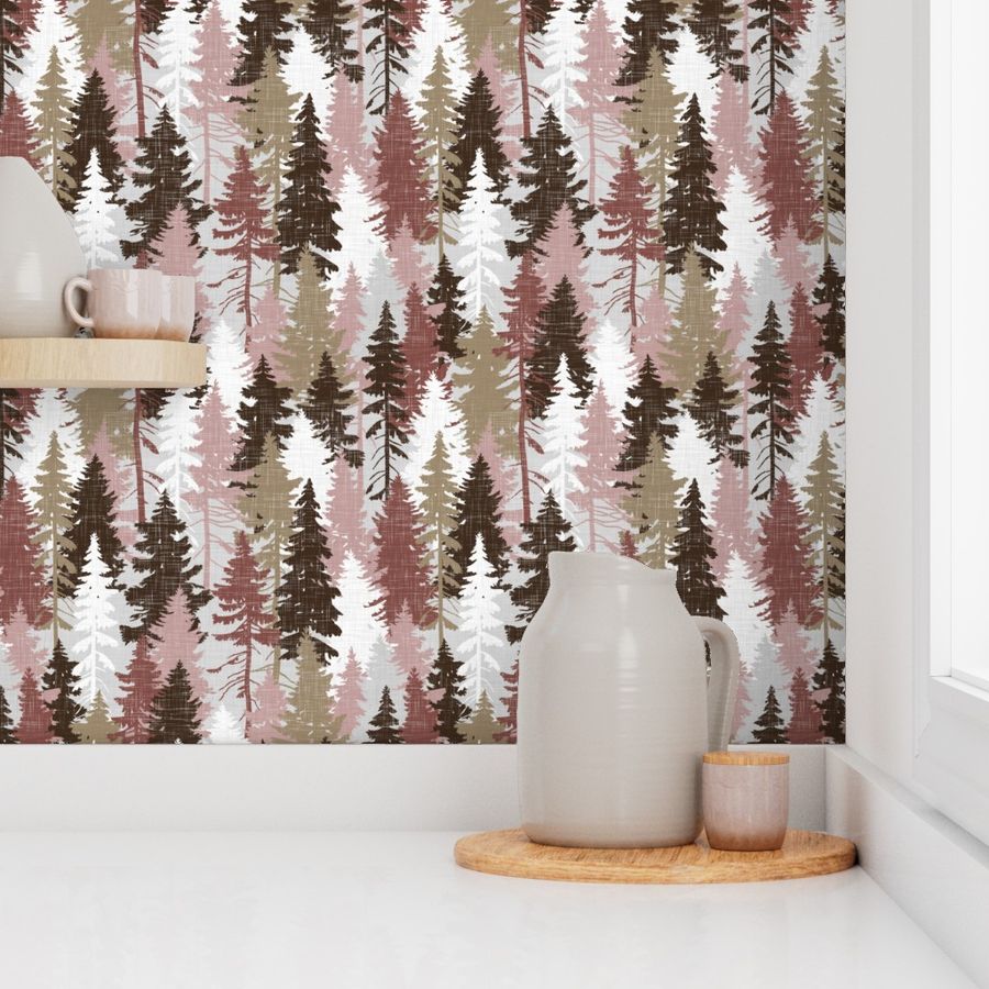 Pine Tree Camouflage / Blush Grey White Linen Texture Camo Woodland Fabric Wallpaper