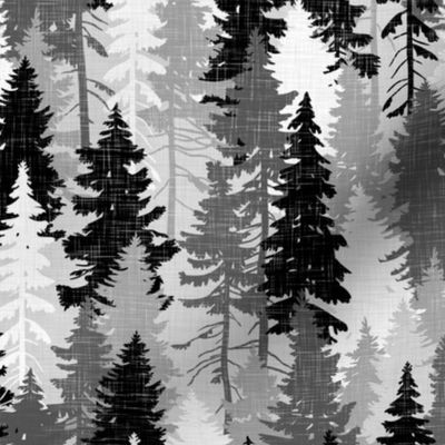 Pine Tree Camouflage / Grey White Monochrome Linen Texture Camo Woodland Fabric Wallpaper