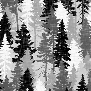 Pine Tree Camouflage / Grey White Monochrome Linen Texture Camo Woodland Fabric Wallpaper