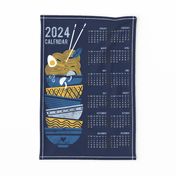 2024 Noodles connection calendar tea towel // midnight blue background light classic blue bowls yellow pasta