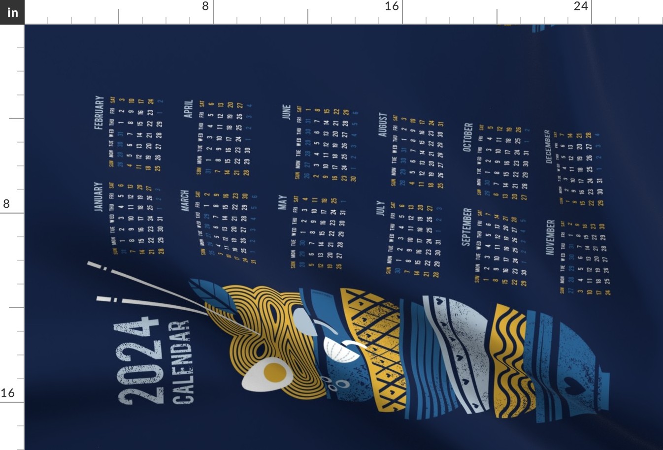 2024 Noodles connection calendar tea towel // midnight blue background light classic blue bowls yellow pasta