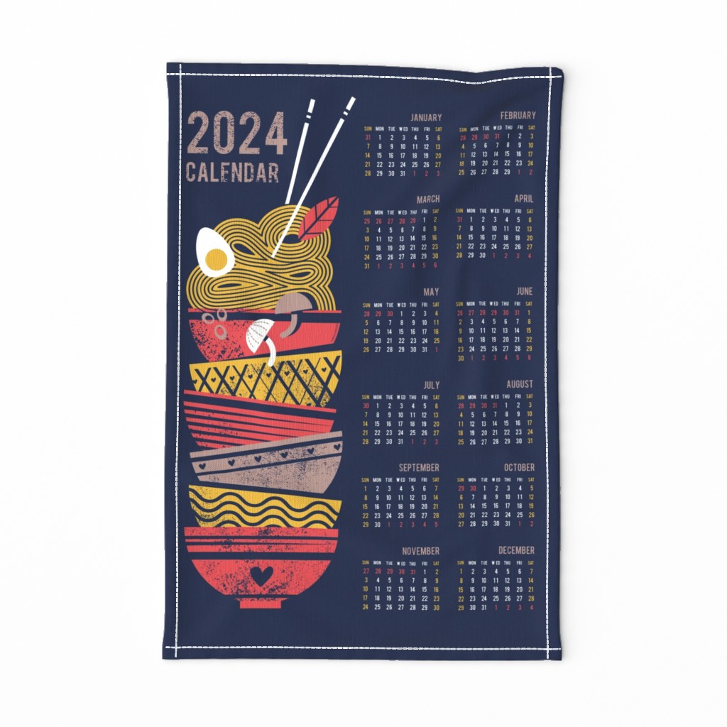 2024 Noodles connection calendar tea towel // midnight blue background red and taupe brown bowls yellow pasta