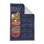 2024 Noodles connection calendar tea towel // midnight blue background red and taupe brown bowls yellow pasta