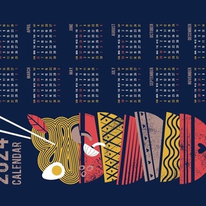 2024 Noodles connection calendar tea towel // midnight blue background red and taupe brown bowls yellow pasta