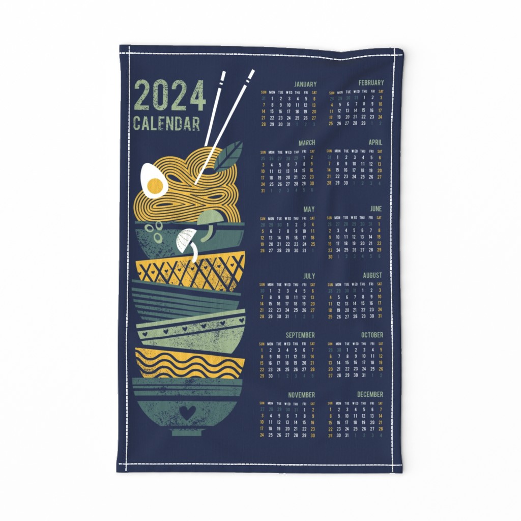 2024 Noodles connection calendar tea towel // midnight blue background pine and sage green bowls yellow pasta