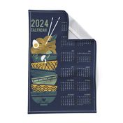 2024 Noodles connection calendar tea towel // midnight blue background pine and sage green bowls yellow pasta