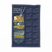 2024 Noodles connection calendar tea towel // midnight blue background pine and sage green bowls yellow pasta