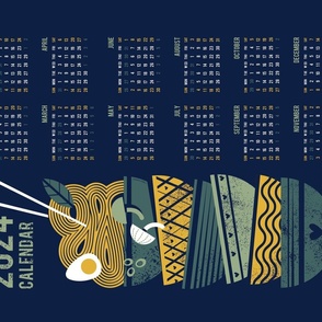 2024 Noodles connection calendar tea towel // midnight blue background pine and sage green bowls yellow pasta