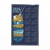 2024 Noodles connection calendar tea towel // midnight blue background teal and aqua bowls yellow pasta