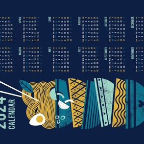 2024 Noodles connection calendar tea towel // midnight blue background teal and aqua bowls yellow pasta