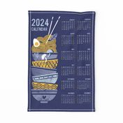 2024 Noodles connection calendar tea towel // blue background indigo and pastel blue bowls yellow pasta