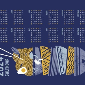 2024 Noodles connection calendar tea towel // blue background indigo and pastel blue bowls yellow pasta