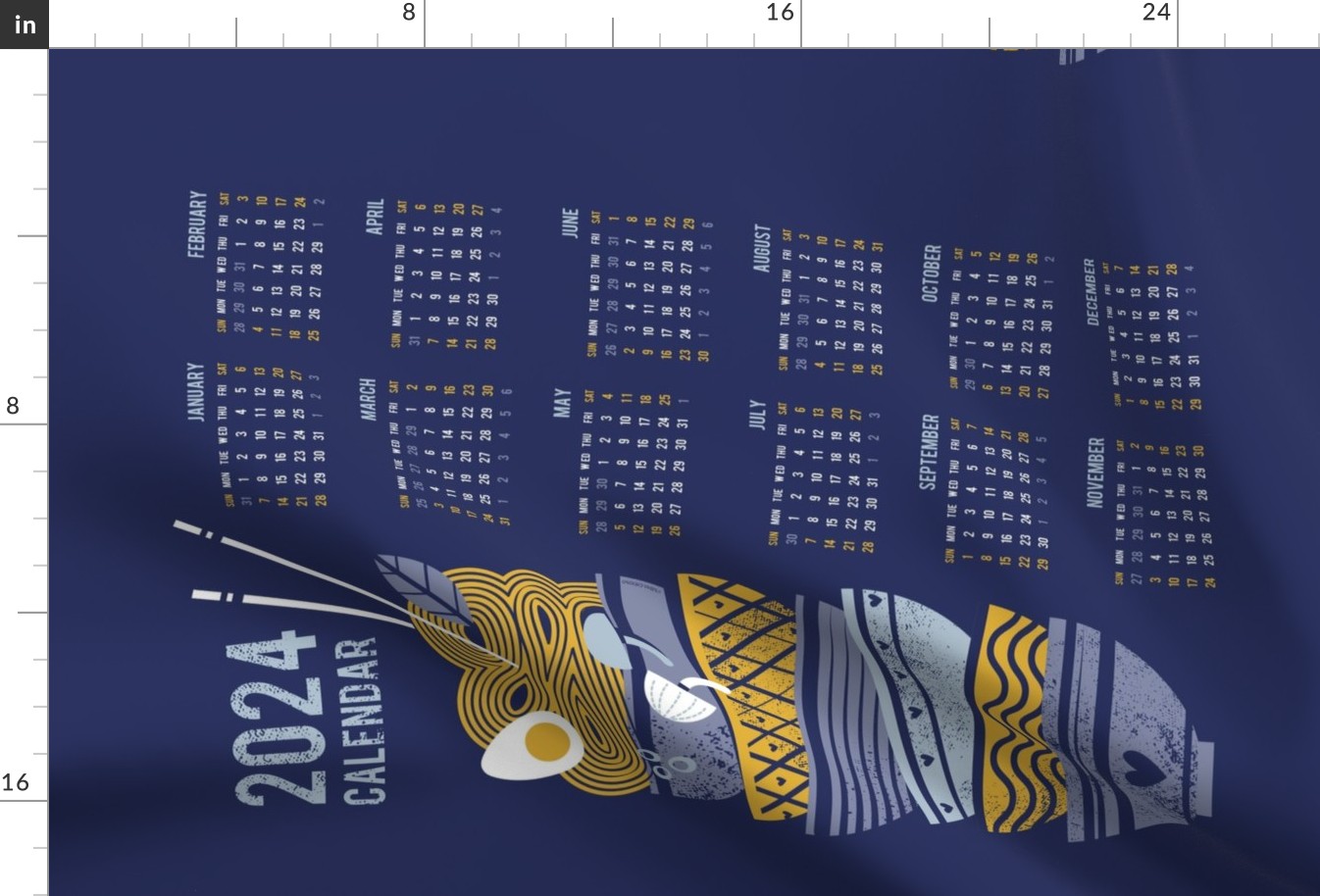 2024 Noodles connection calendar tea towel // blue background indigo and pastel blue bowls yellow pasta