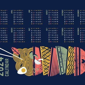 2024 Noodles connection calendar tea towel // midnight blue background coral and sage green bowls yellow pasta