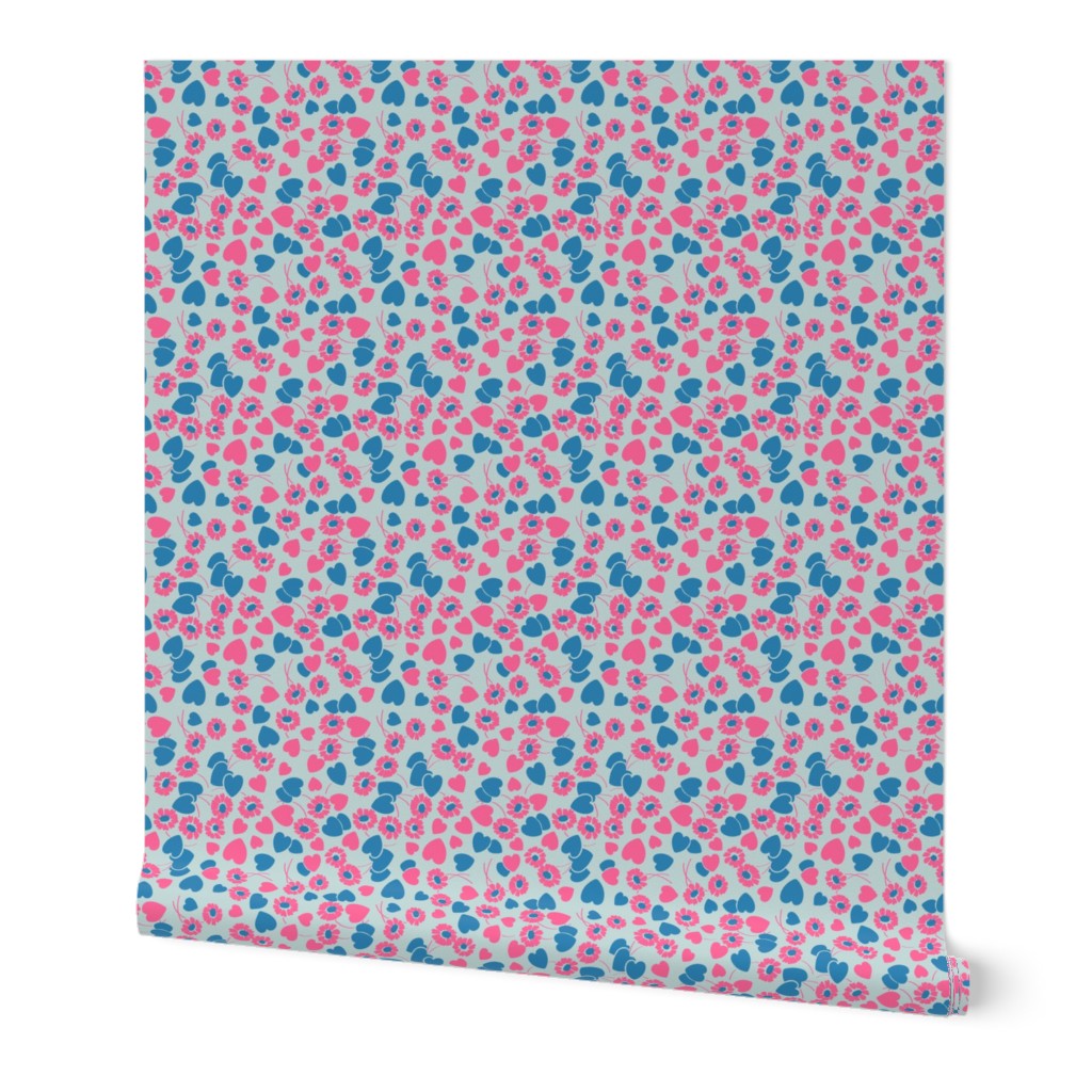 Smaller Scale - Retro Heart Flower Garden in Neon Blue + Pink