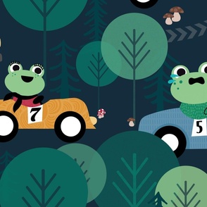 Extra Large Frogs racing to the finish line. Frogs in the forest in race cars for Sheets Duvets Curtains