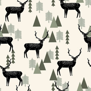 forest deer fabric - deer fabric, mountains fabric, outdoors fabric - green and black