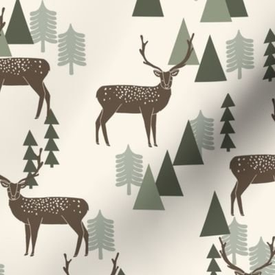 forest deer fabric - deer fabric, mountains fabric, outdoors fabric - dark brown