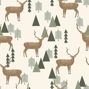 forest deer fabric - deer fabric, mountains fabric, outdoors fabric -  light brown