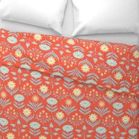 Tami Mid-Century Modern Retro Mod Floral in Orange Blue Yellow Cream on Coral Orange - LARGE Scale - UnBlink Studio by Jackie Tahara