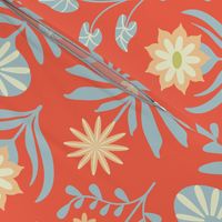 Tami Mid-Century Modern Retro Mod Floral in Orange Blue Yellow Cream on Coral Orange - LARGE Scale - UnBlink Studio by Jackie Tahara