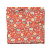 Tami Mid-Century Modern Retro Mod Floral in Orange Blue Yellow Cream on Coral Orange - LARGE Scale - UnBlink Studio by Jackie Tahara