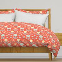 Tami Mid-Century Modern Retro Mod Floral in Orange Blue Yellow Cream on Coral Orange - LARGE Scale - UnBlink Studio by Jackie Tahara