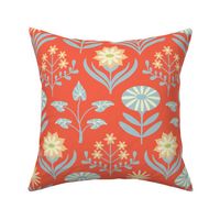 Tami Mid-Century Modern Retro Mod Floral in Orange Blue Yellow Cream on Coral Orange - LARGE Scale - UnBlink Studio by Jackie Tahara