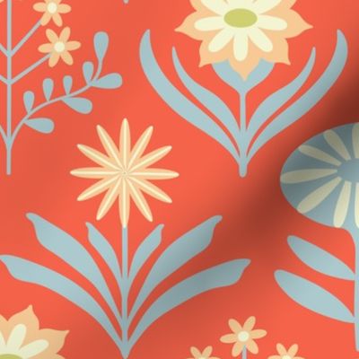 Tami Mid-Century Modern Retro Mod Floral in Orange Blue Yellow Cream on Coral Orange - LARGE Scale - UnBlink Studio by Jackie Tahara