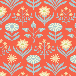 Tami Mid-Century Modern Retro Mod Floral in Orange Blue Yellow Cream on Coral Orange - LARGE Scale - UnBlink Studio by Jackie Tahara