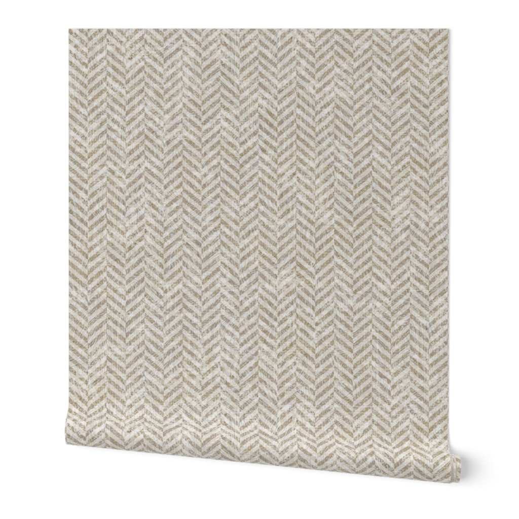 Tweed Herringbone Woollen Cloth Beige Grey Small Scale