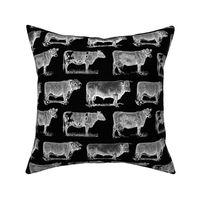 Classic Cow Illustrations Black & White Pattern with Black Background