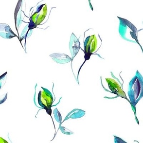 Watercolor rosebuds in blue and yellow from Anines Atelier. Romantic pattern for bedroom walls and interior