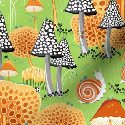 Fantastic micro world, Snails walking among fabulous mushrooms on a green background