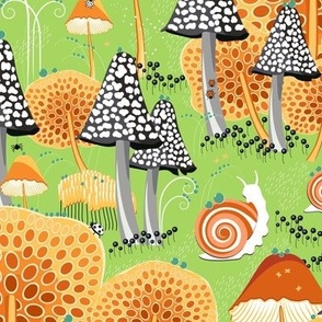 Fantastic micro world, Snails walking among fabulous mushrooms on a green background